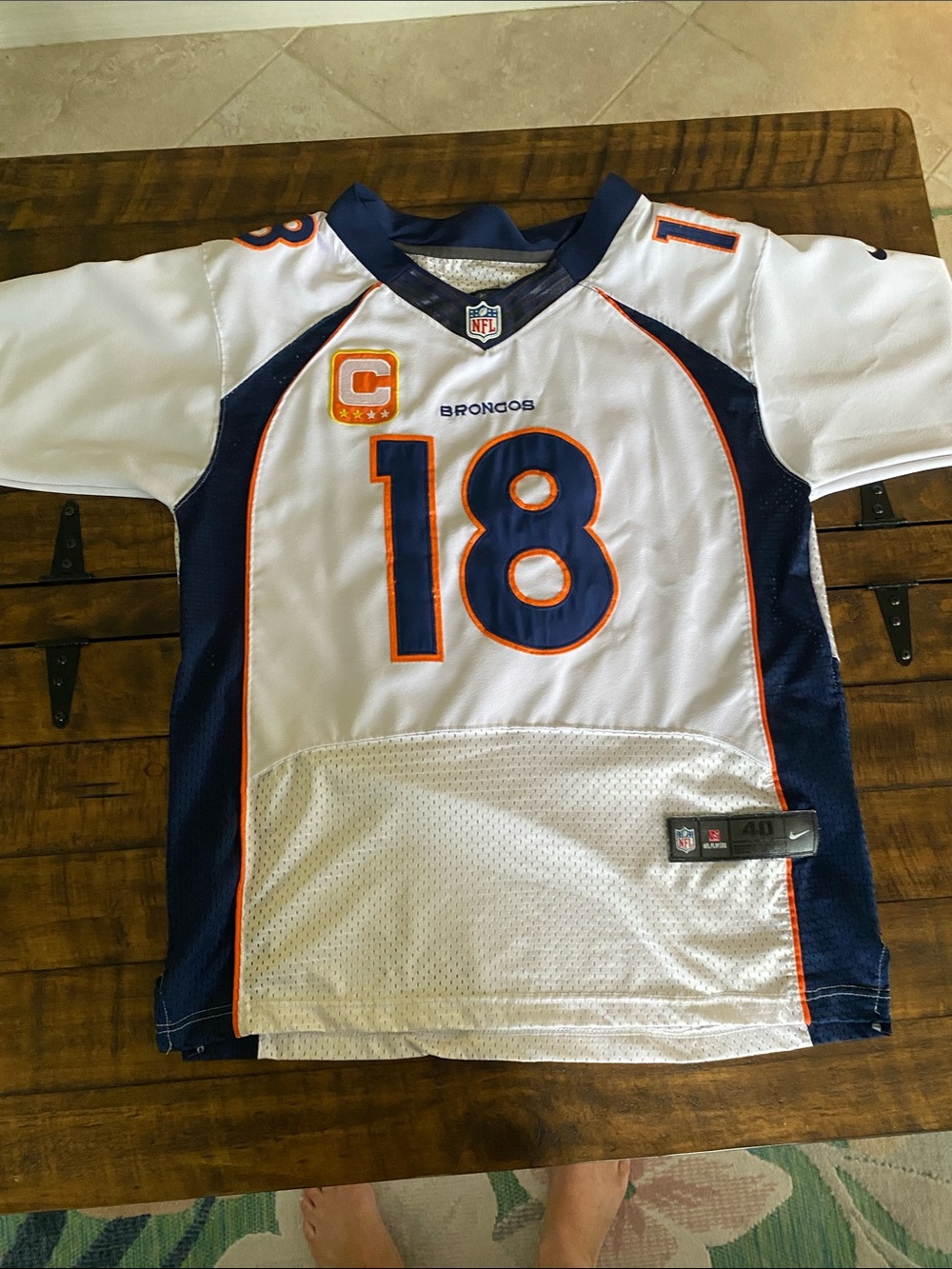 NFL Manning Broncos White Navy & Orange #18  Jersey. MENS 40/M
